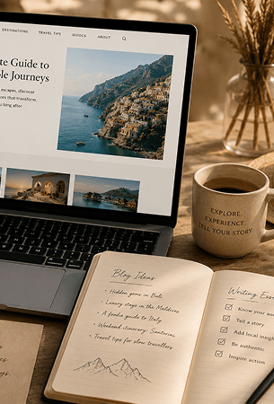 Creative workspace with blog planning and travel storytelling notes