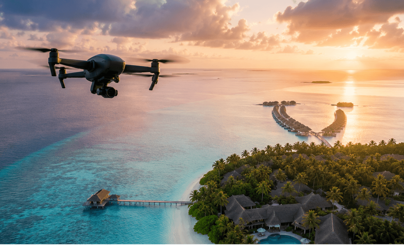 Drone in flight over a tropical island resort at golden hour