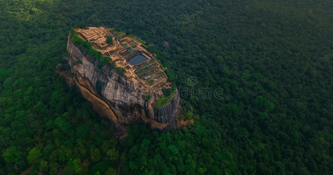 Drone aerial perspective of Sigiriya rock fortress