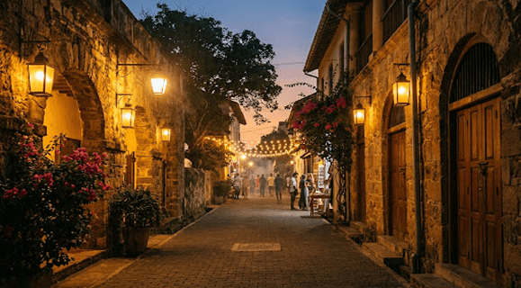 Lantern-lit cobblestone street through Galle Fort at dusk