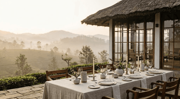 Outdoor dining terrace overlooking misty mountain tea country