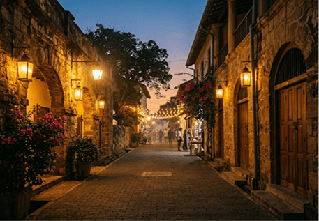 Lantern-lit cobblestone street through Galle Fort at twilight