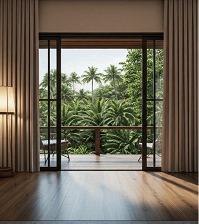 Open doorway framing a lush tropical garden at a luxury resort