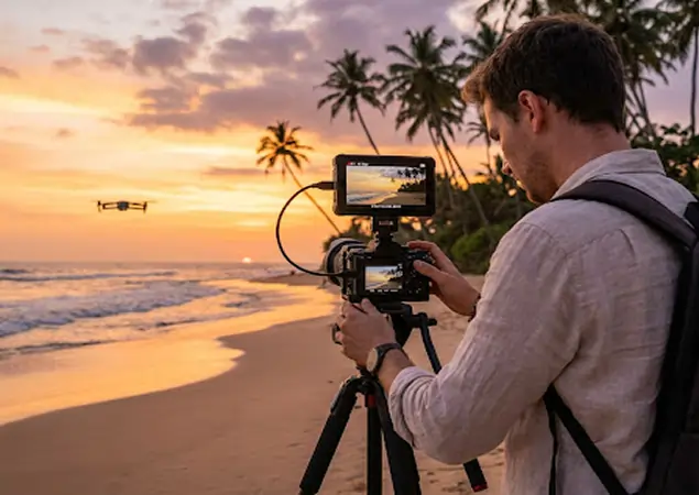 Content creator filming a beach sunset with professional camera