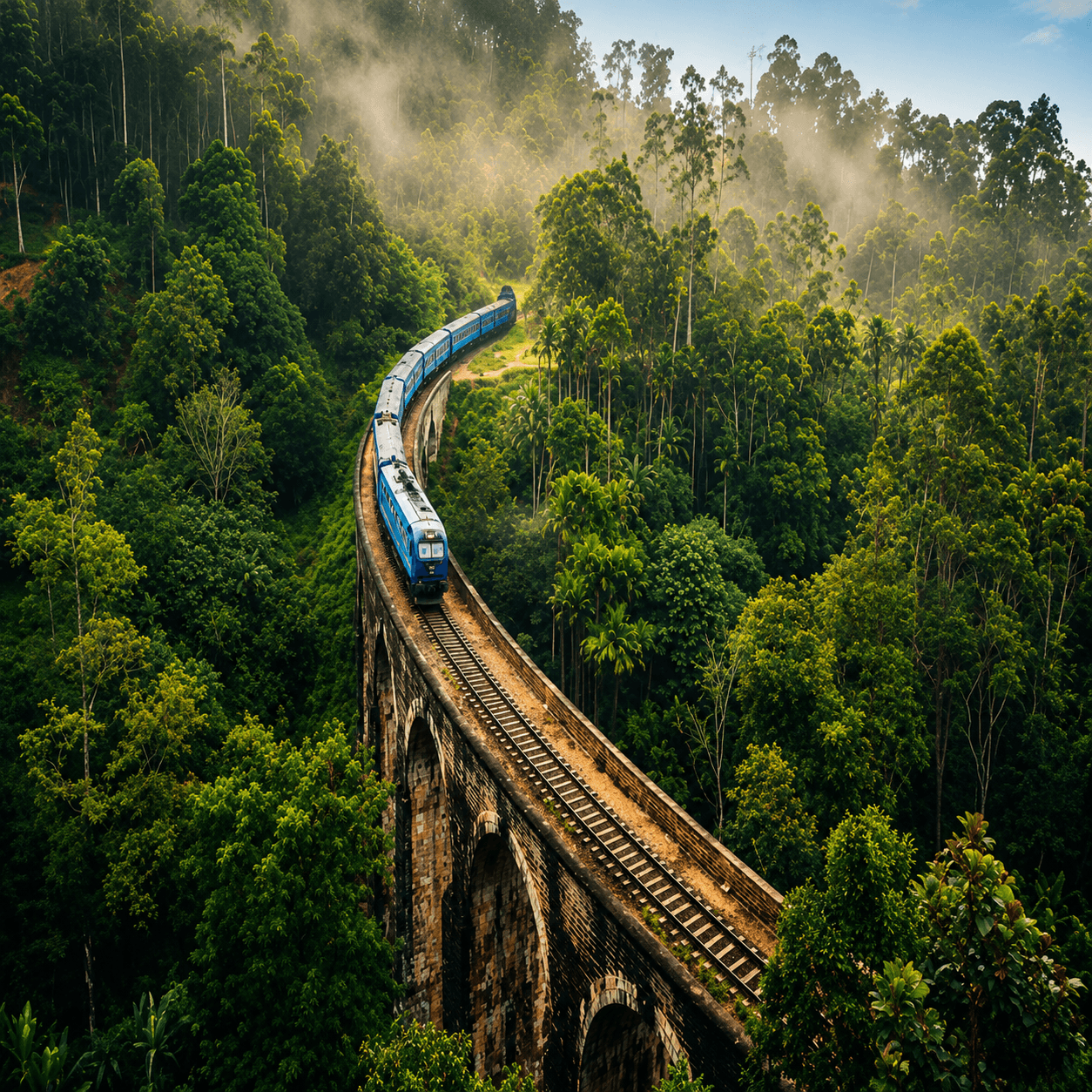 Train crossing the Nine Arch Bridge through lush Sri Lankan highlands