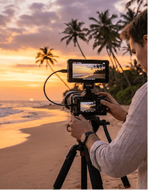 Cinematographer filming a golden-hour beach scene on professional camera gear
