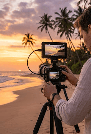 Photographer capturing a tropical sunset on a professional camera tripod
