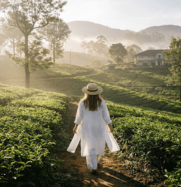 Traveller walking through misty Sri Lankan tea plantations at sunrise