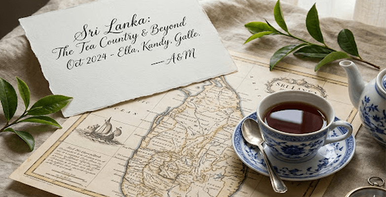 Flat-lay of a Sri Lanka travel map, handwritten note and traditional tea set